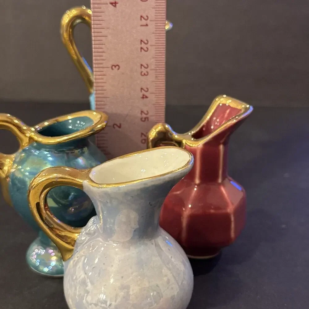 Vintage Set of 4 Mini Pottery Pitchers Colorful Gold Trim Studio Art Style
